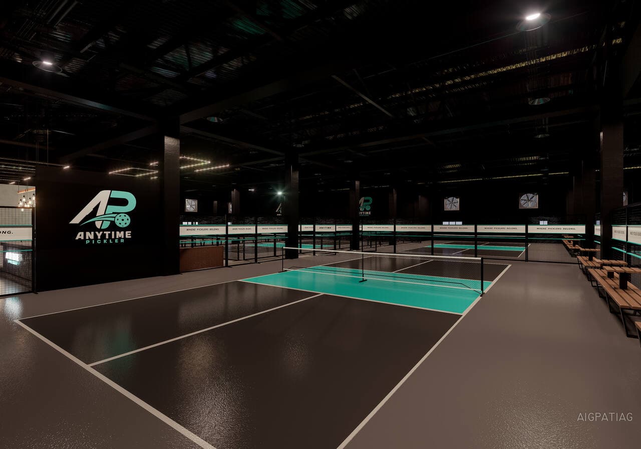 The full Anytime Pickler floor — courts and lounge
