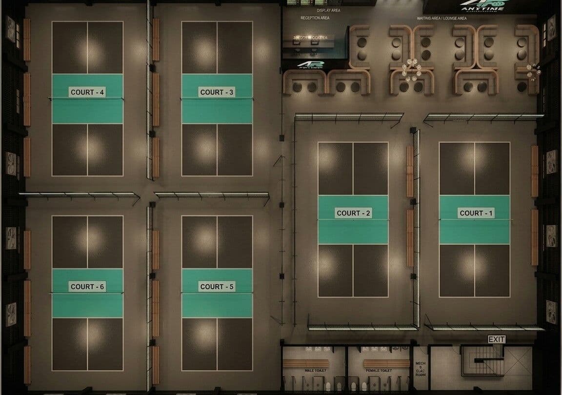 Floor plan of Anytime Pickler showing courts 1 through 6
